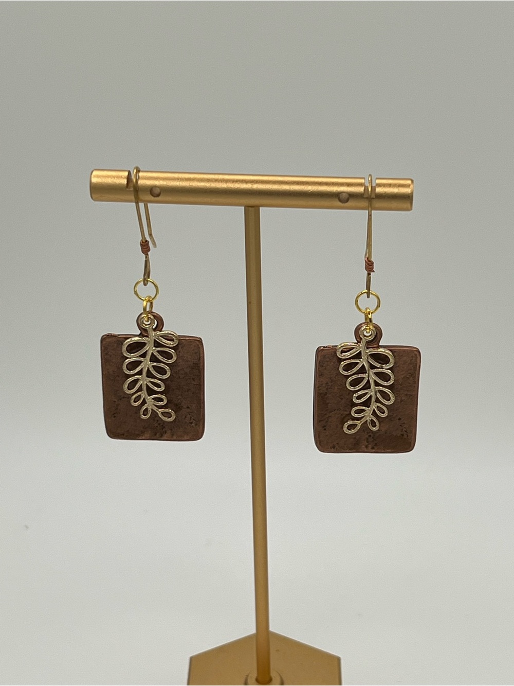 Mixed Metal Copper & Gold Leaf Dangle Earrings - Picture 3 of 4